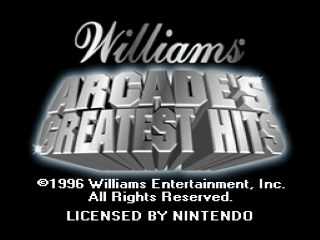 Williams Arcade's Greatest Hits title screen for Super Nintendo